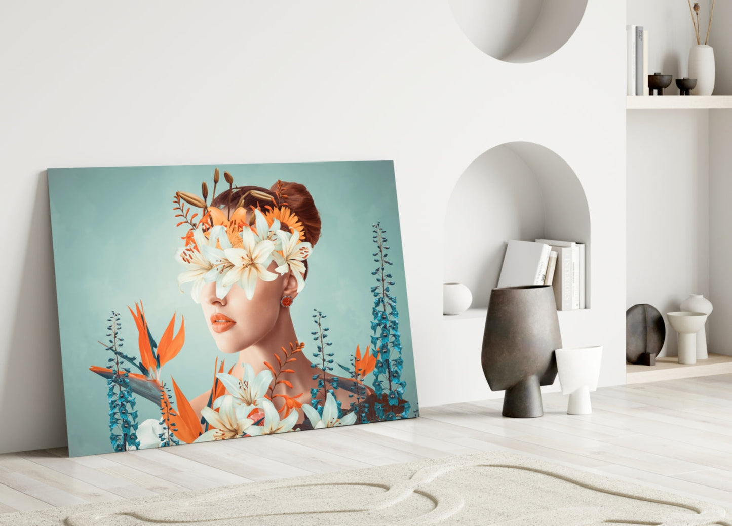 Woman with flowers covering eyes leaning against white wall in modern minimalist interior setting.