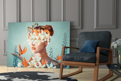 Woman Abstract Art Glass Wall Art displayed leaning against wall beside wooden chair with blue cushion in modern room setting.