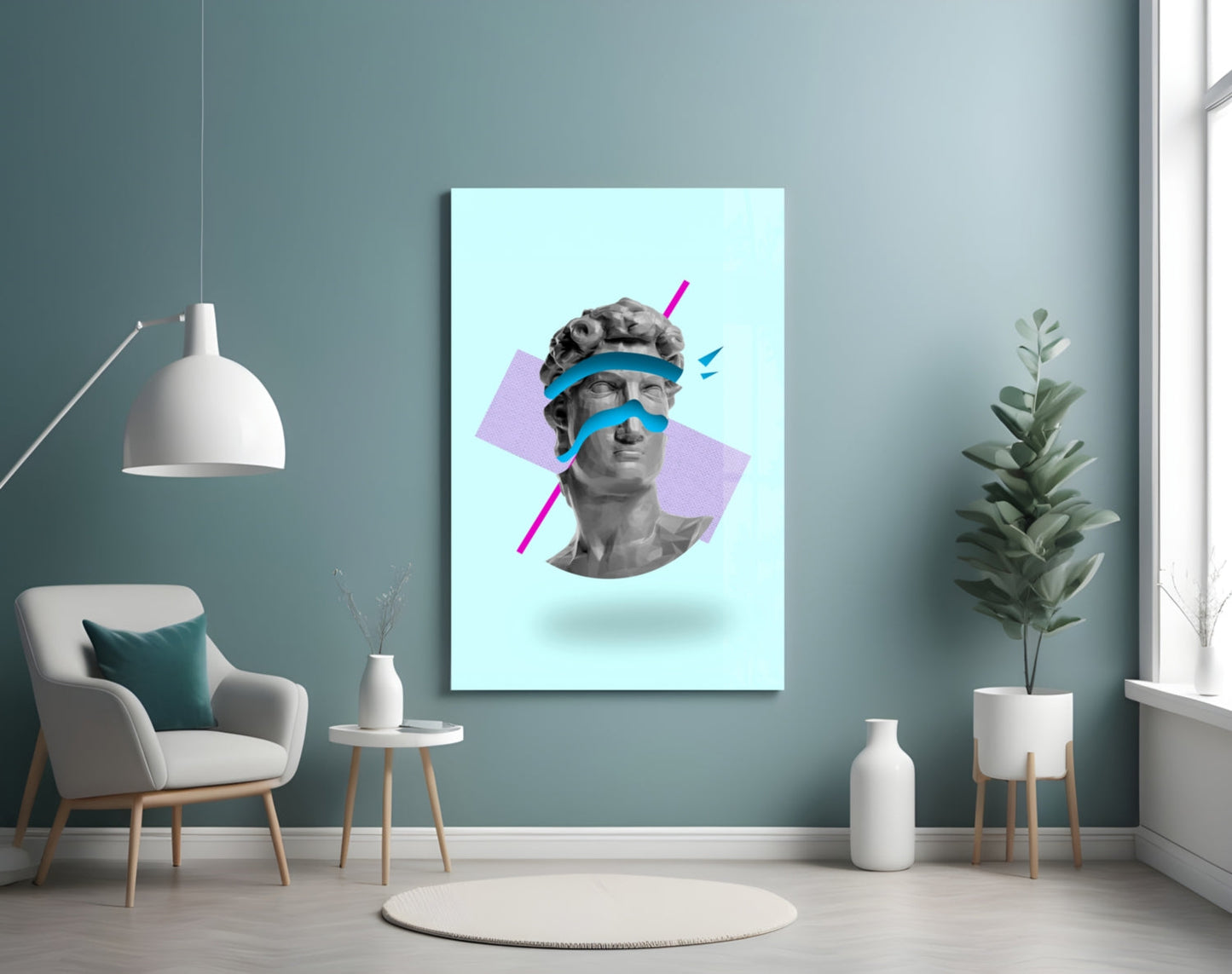 Vaporwave David Blindfold Glass Wall Art