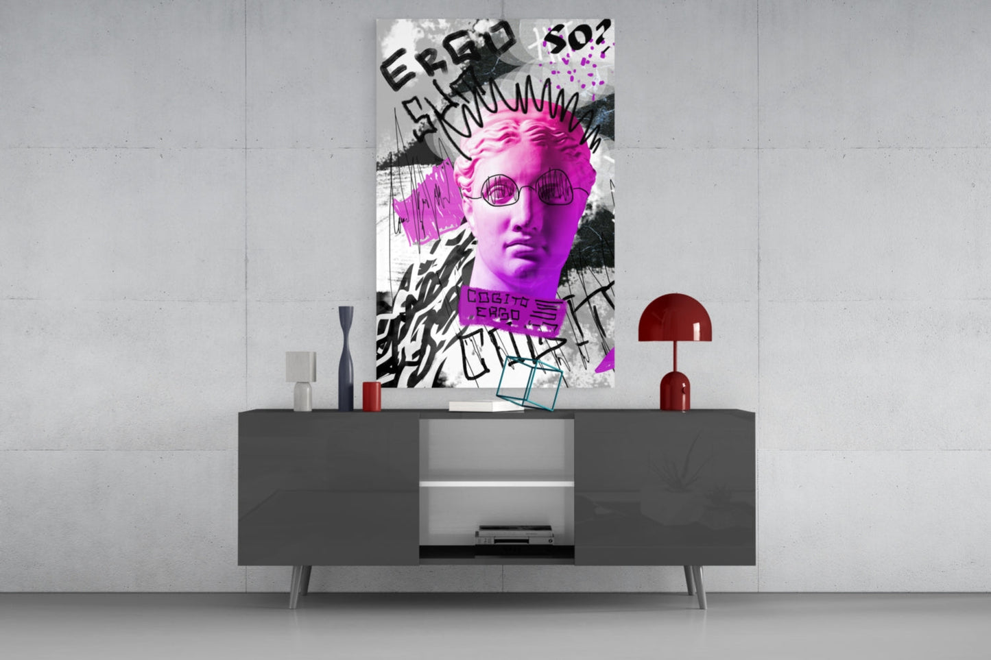 Pink Graffiti Cogito Bust Glass Wall Art