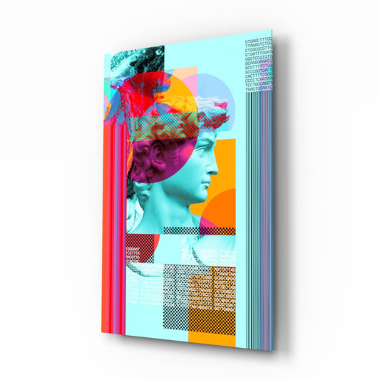 Angled three-quarter view of pop art glass panel featuring colorful geometric shapes, DNA sequences, and a classical bust profile in cyan, red, yellow, and magenta tones.