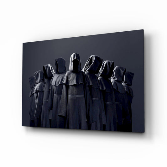 Hooded Figures in Shadow Glass Wall Art