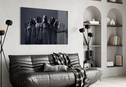 Hooded Figures in Shadow Glass Wall Art
