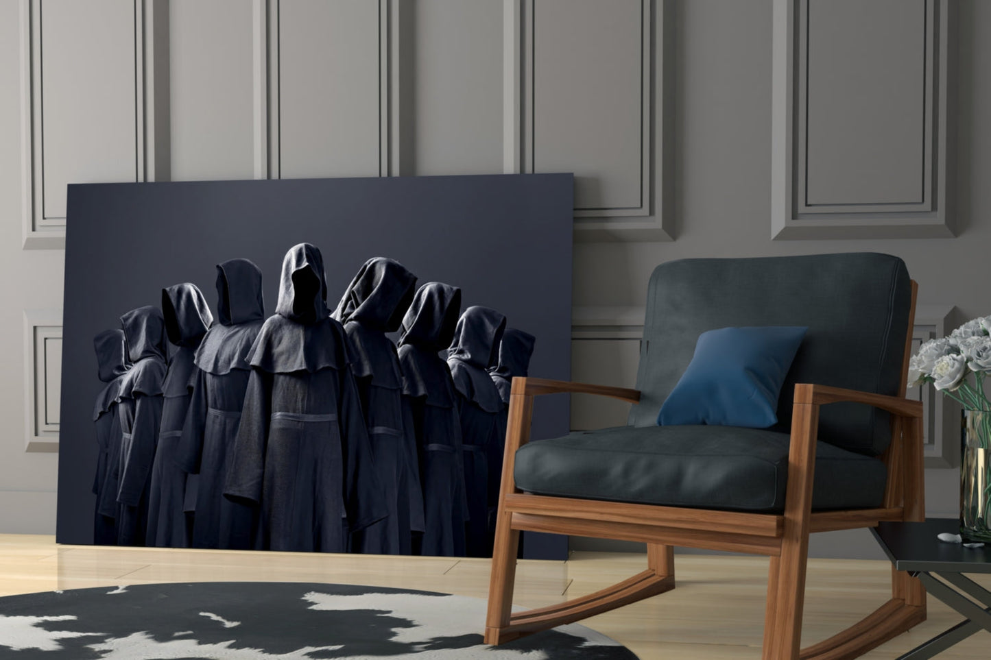 Hooded Figures in Shadow Glass Wall Art