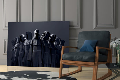 Hooded Figures in Shadow Glass Wall Art