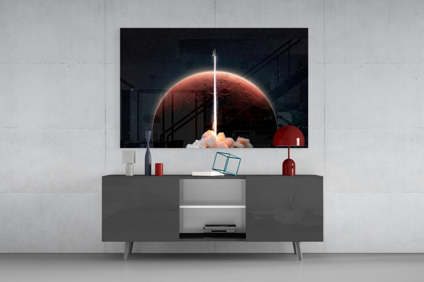 Rocket Launch to Mars Glass Wall Art