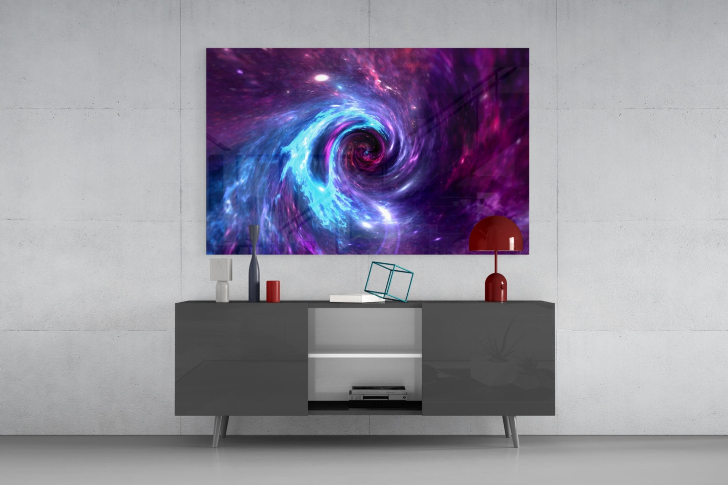 Space Helix Glass Wall Art mounted above gray media console, displaying swirling purple and blue cosmic vortex design.