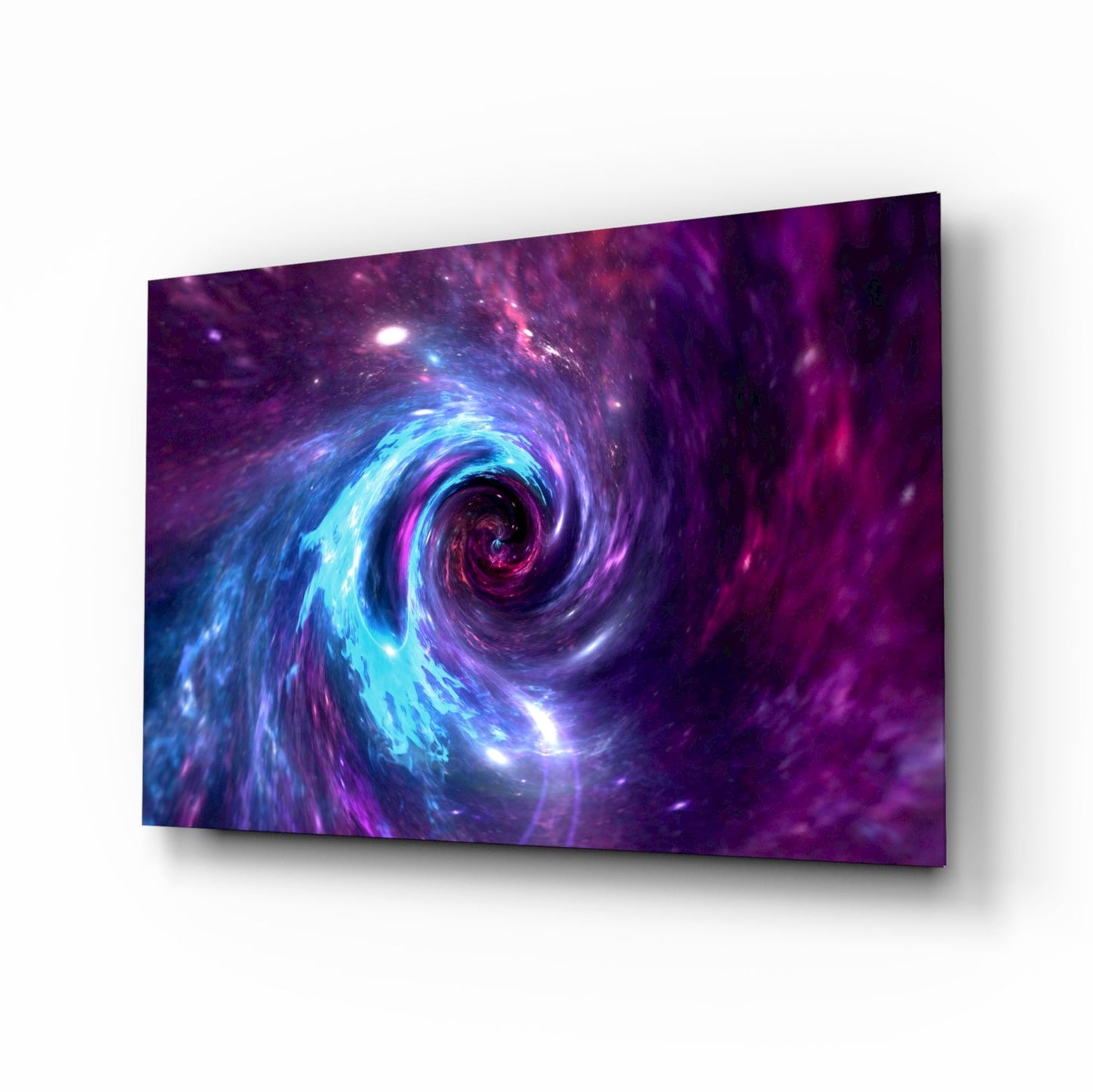 Angled perspective view of glass wall art displaying a luminous purple and blue spiral galaxy vortex with glowing center against dark space background.
