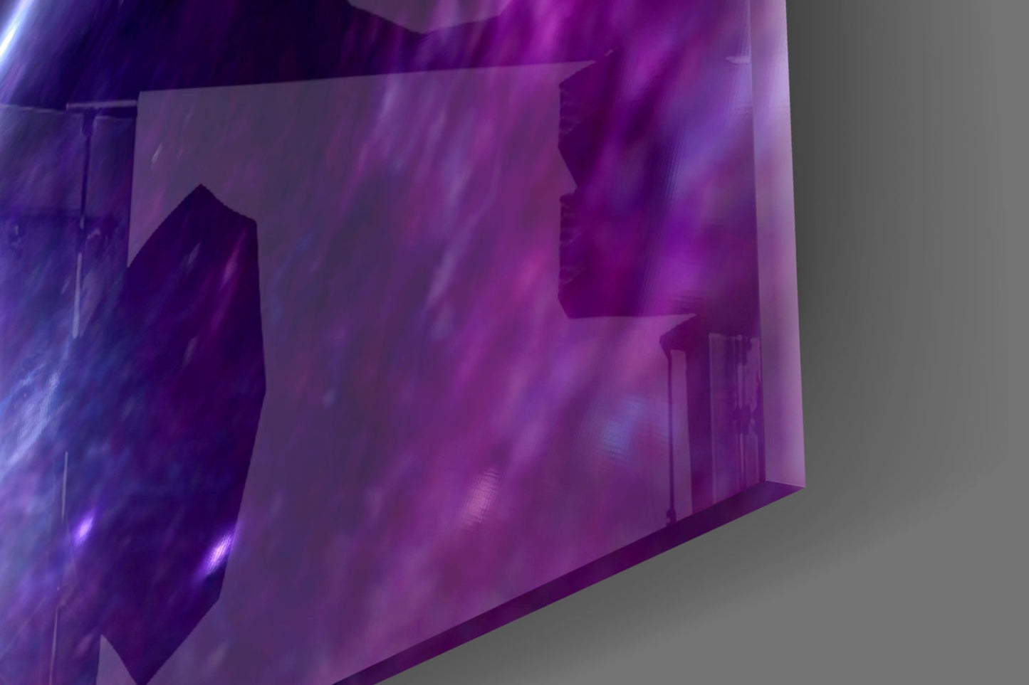 Purple and magenta translucent glass wall art with dynamic layered geometric forms and internal lighting effects.