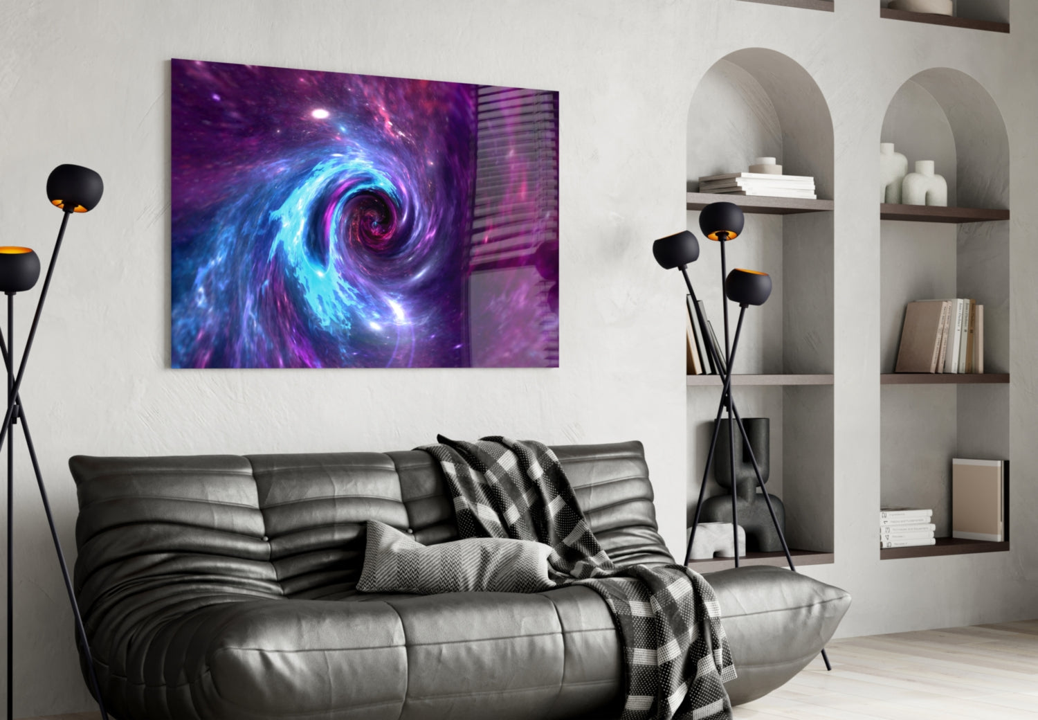 Space Helix Glass Wall Art mounted above black leather sofa in modern living room with white shelving and decorative accessories.