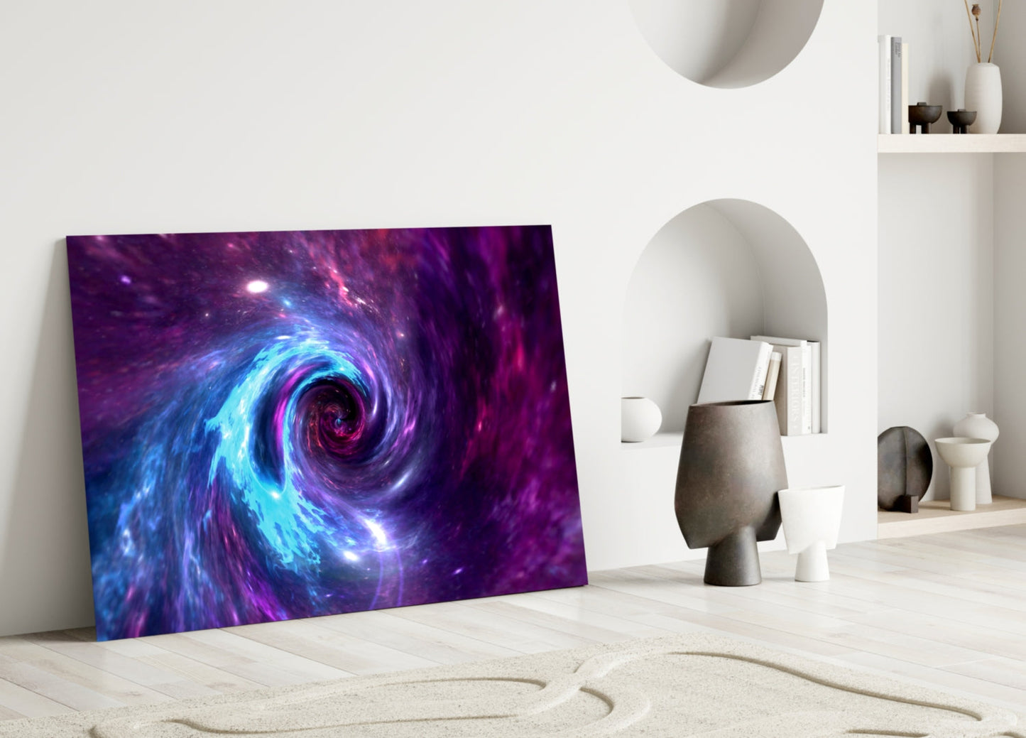 Space Helix Glass Wall Art leaning against white wall in minimalist room, displaying vibrant purple and blue spiral galaxy design.