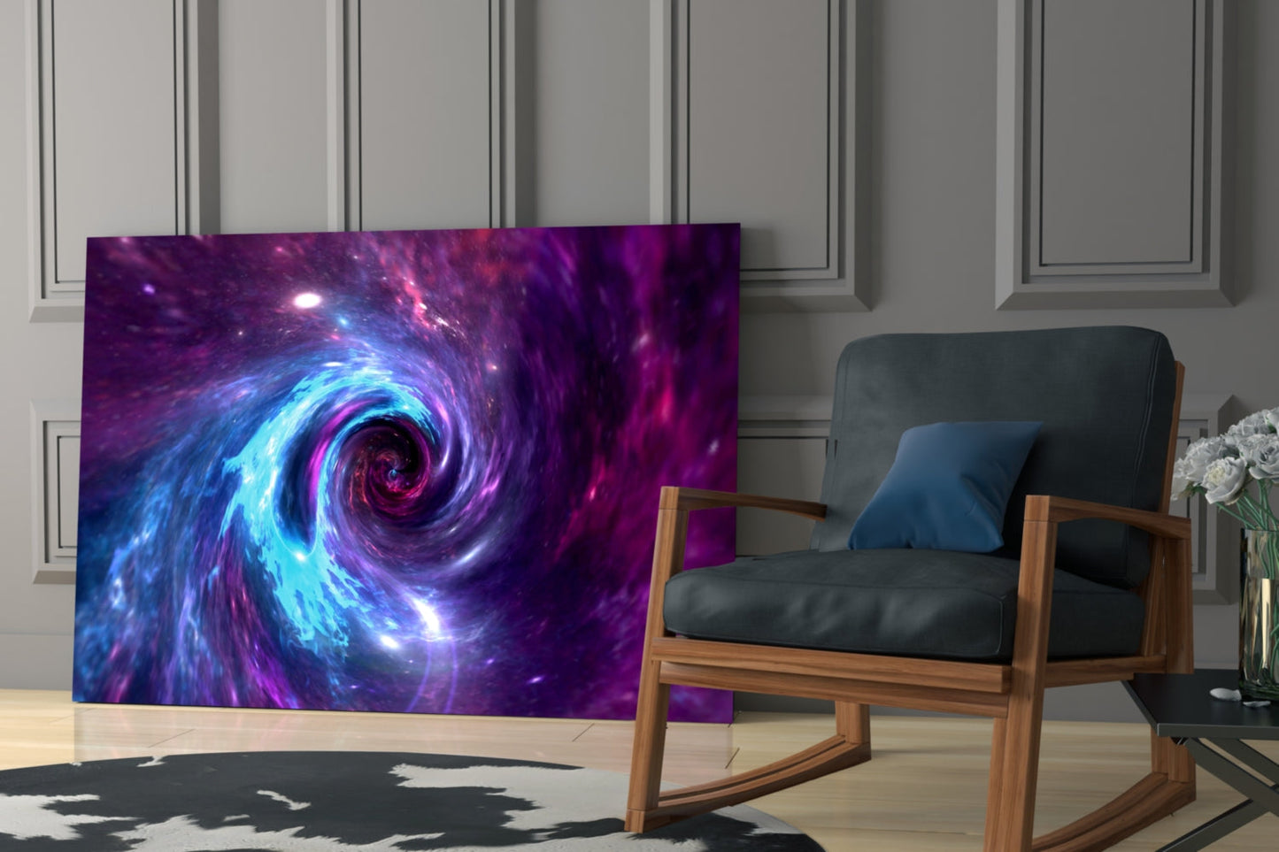 Space Helix Glass Wall Art displayed in a modern living room next to a wooden chair, showing a vibrant purple and blue spiral galaxy design.