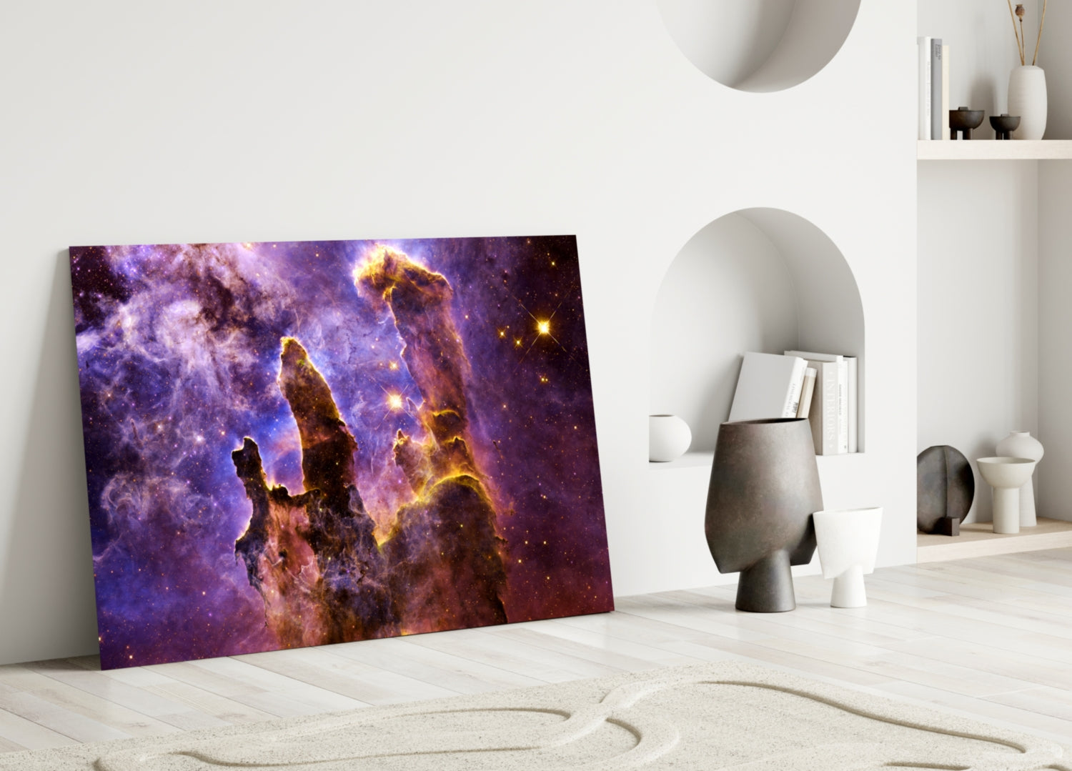 Space Lilac Glass Wall Art leaning against white wall in minimalist room with decorative objects and shelving.