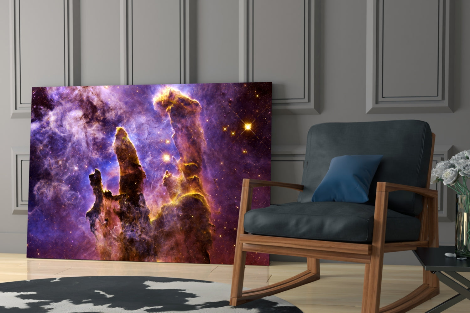 Space Lilac glass wall art displaying purple nebula with golden pillars installed in modern living room beside wooden chair.