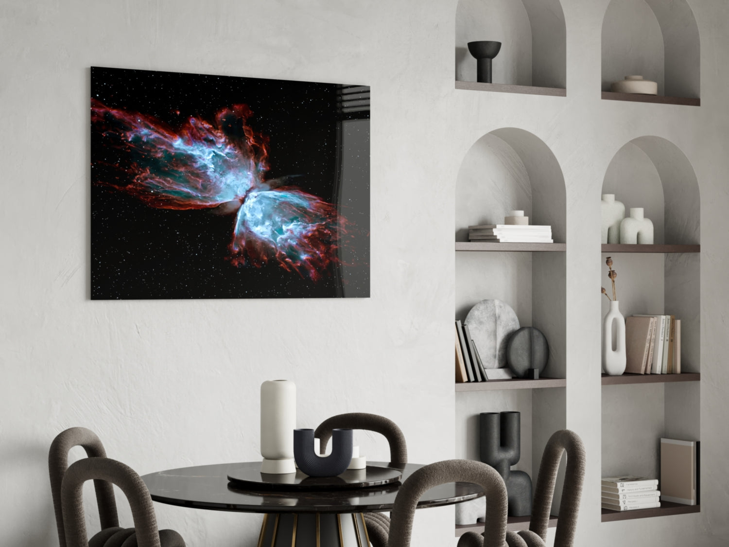 Red and blue nebula with cosmic gas jets displayed on black glass panel mounted above modern dining table.