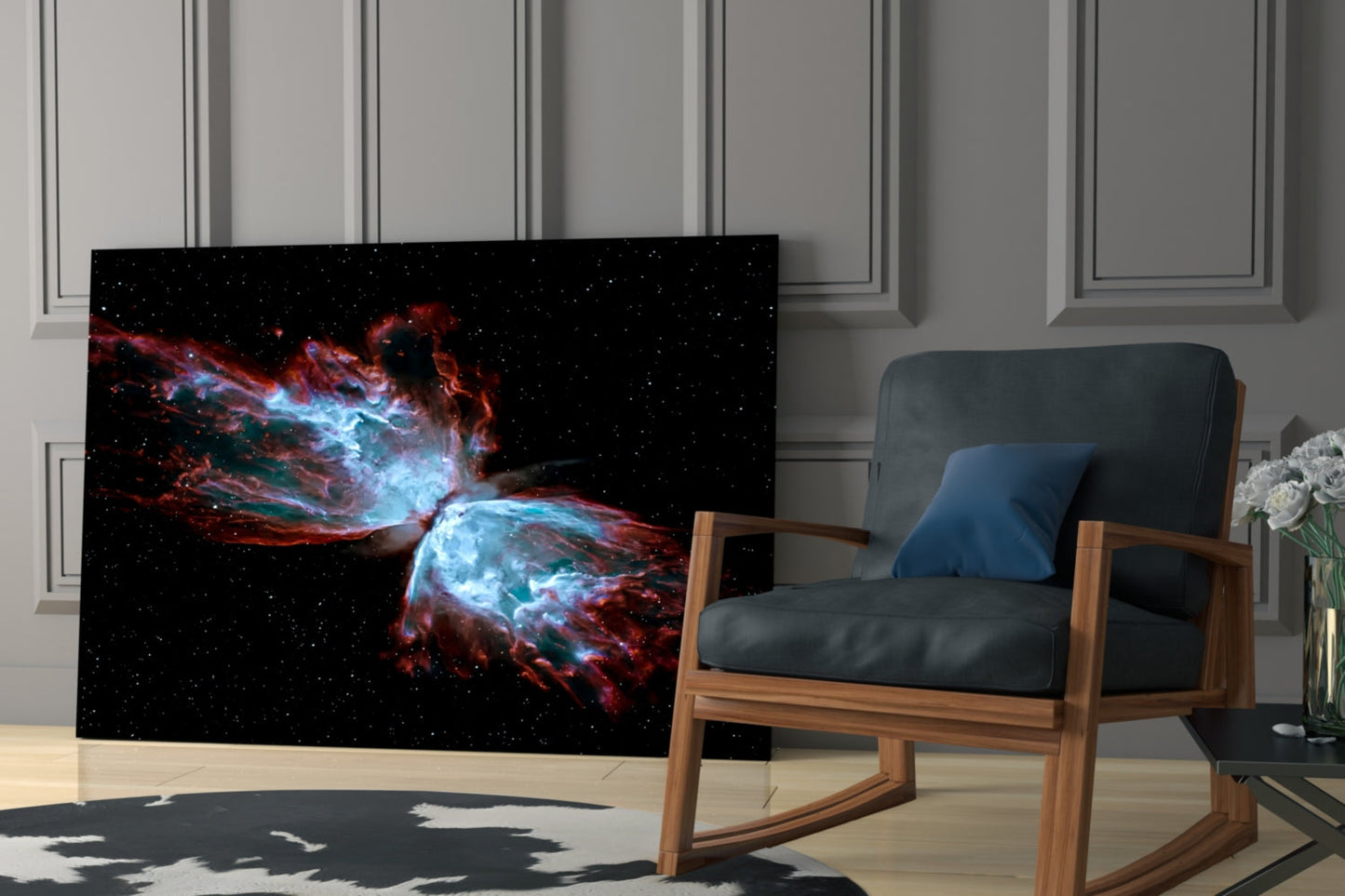 Space Red Glass Wall Art displaying a red and blue nebula against black starfield, installed in a modern living room with wooden chair.