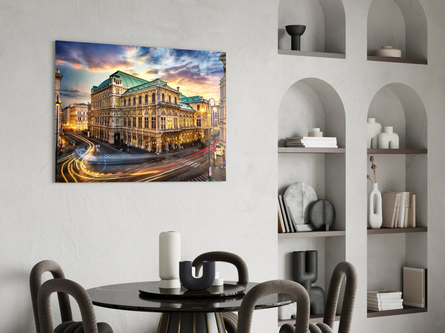 Vienna State Opera House at dusk with illuminated architecture and light trails, displayed as glass wall art in modern dining room setting.