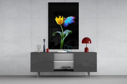 Blue Butterfly Yellow Tulip Glass Wall Art