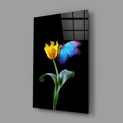 Blue Butterfly Yellow Tulip Glass Wall Art