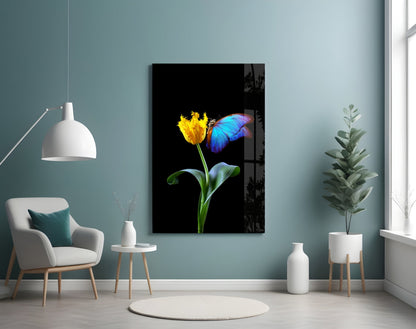Blue Butterfly Yellow Tulip Glass Wall Art