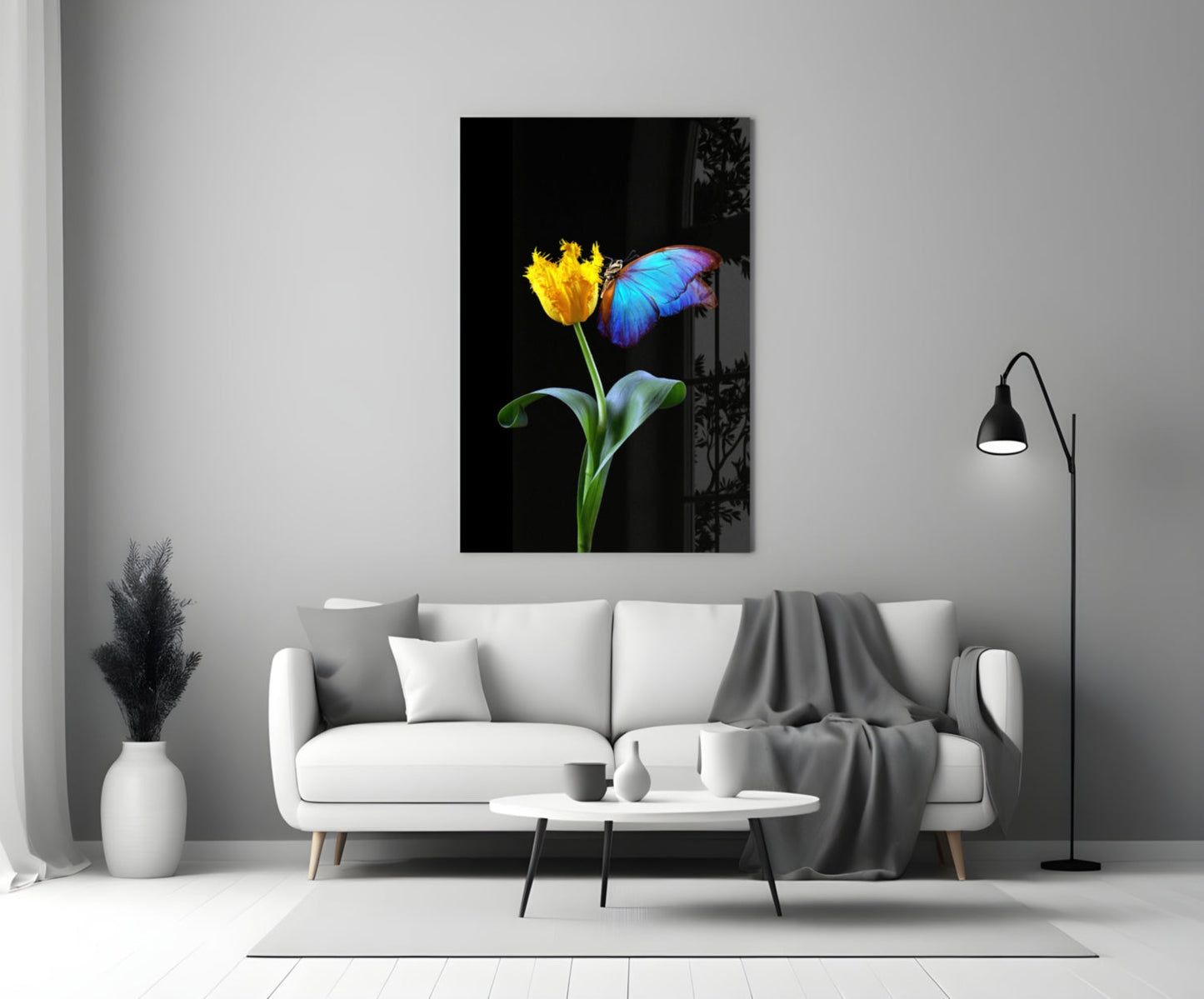 Blue Butterfly Yellow Tulip Glass Wall Art