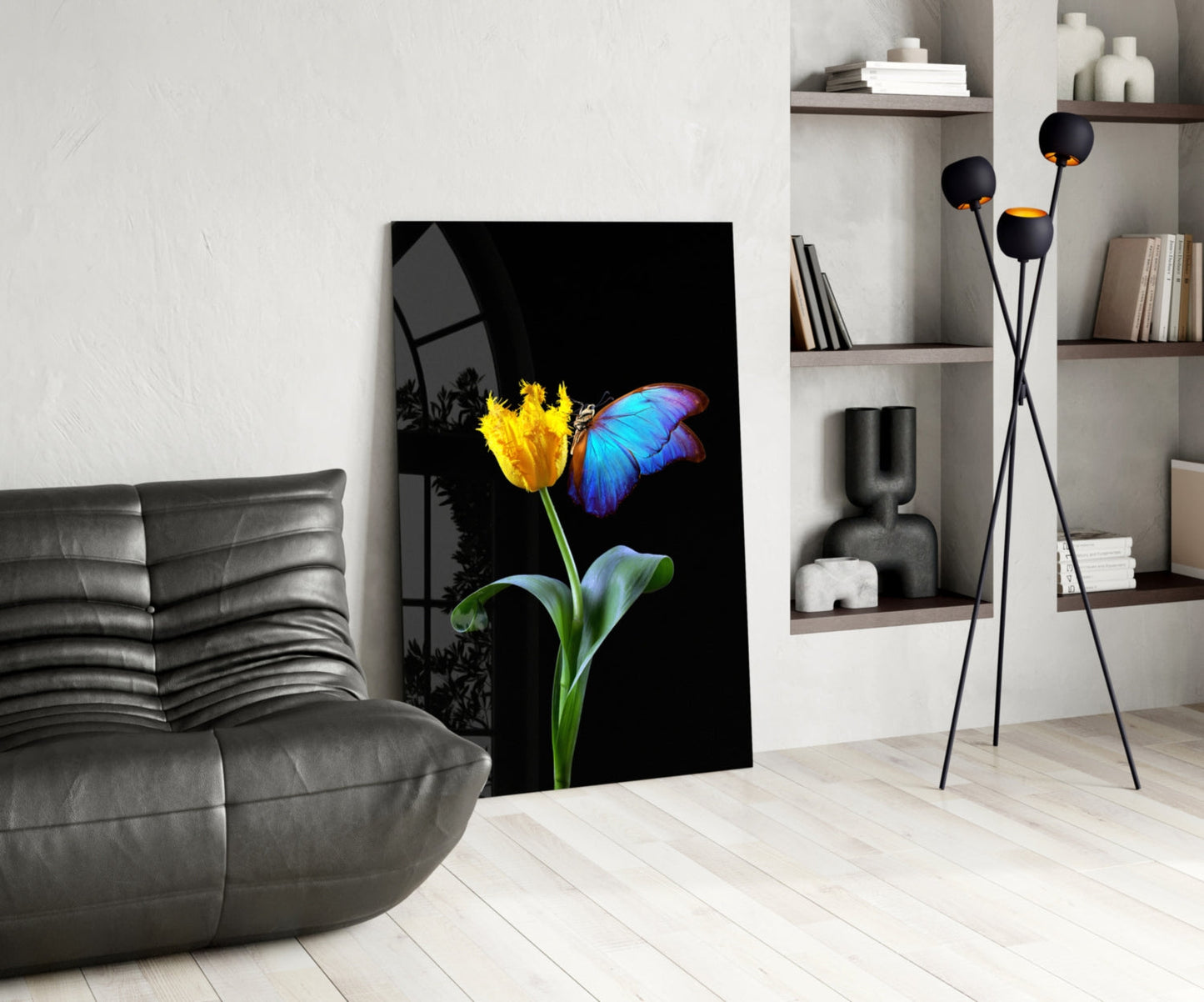 Blue Butterfly Yellow Tulip Glass Wall Art