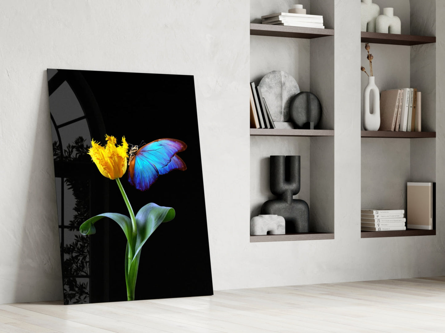 Blue Butterfly Yellow Tulip Glass Wall Art