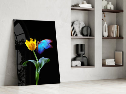 Blue Butterfly Yellow Tulip Glass Wall Art