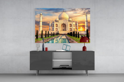 Golden Sunburst Clouds Taj Mahal Glass Wall Art