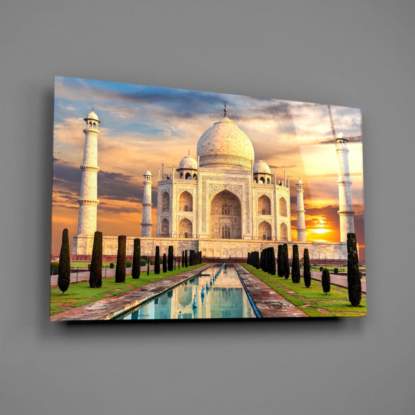 Golden Sunburst Clouds Taj Mahal Glass Wall Art