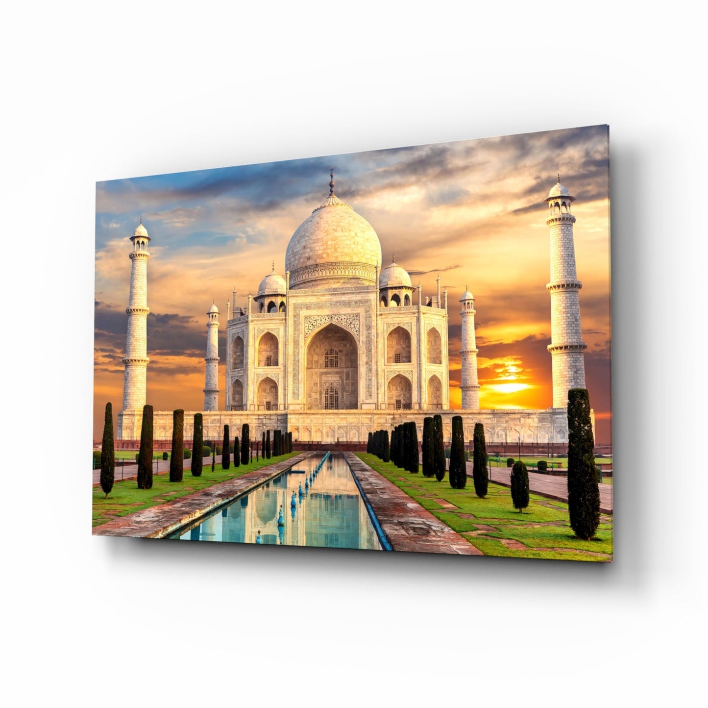 Golden Sunburst Clouds Taj Mahal Glass Wall Art