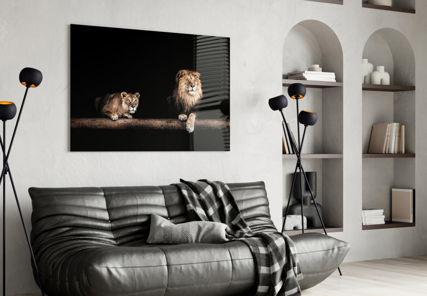 Lion and Lioness Resting on Log Glass Wall Art