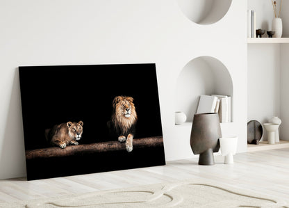 Lion and Lioness Resting on Log Glass Wall Art