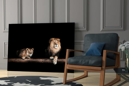 Lion and Lioness Resting on Log Glass Wall Art