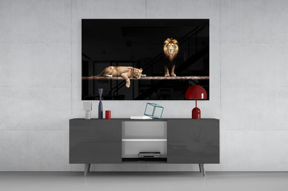 Standing Lion and Sleeping Lioness Glass Wall Art