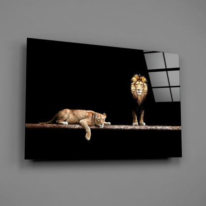 Standing Lion and Sleeping Lioness Glass Wall Art