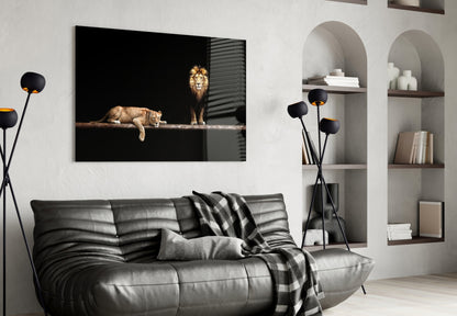 Standing Lion and Sleeping Lioness Glass Wall Art