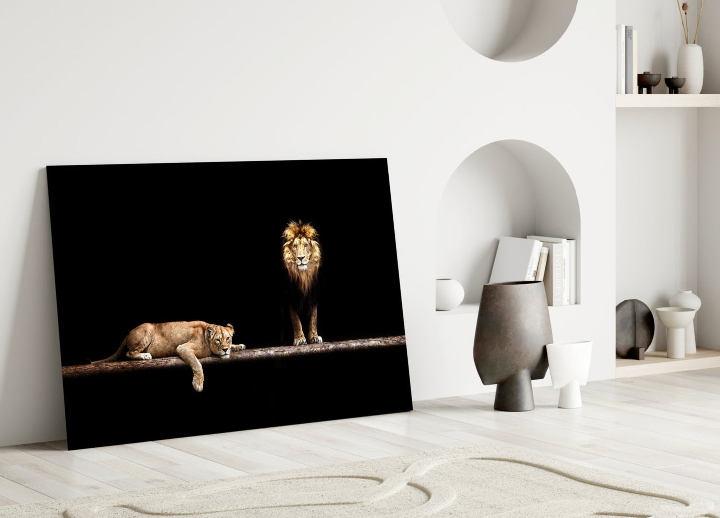 Standing Lion and Sleeping Lioness Glass Wall Art