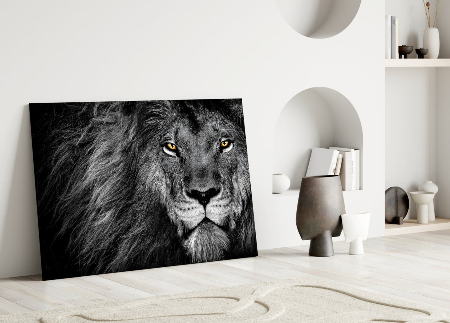 Amber Gaze Monochrome Lion Glass Wall Art