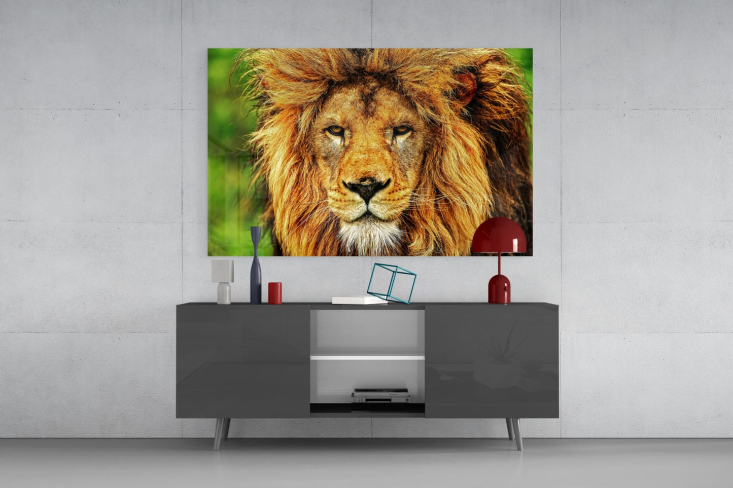 Golden Lion Green Meadow Glass Wall Art