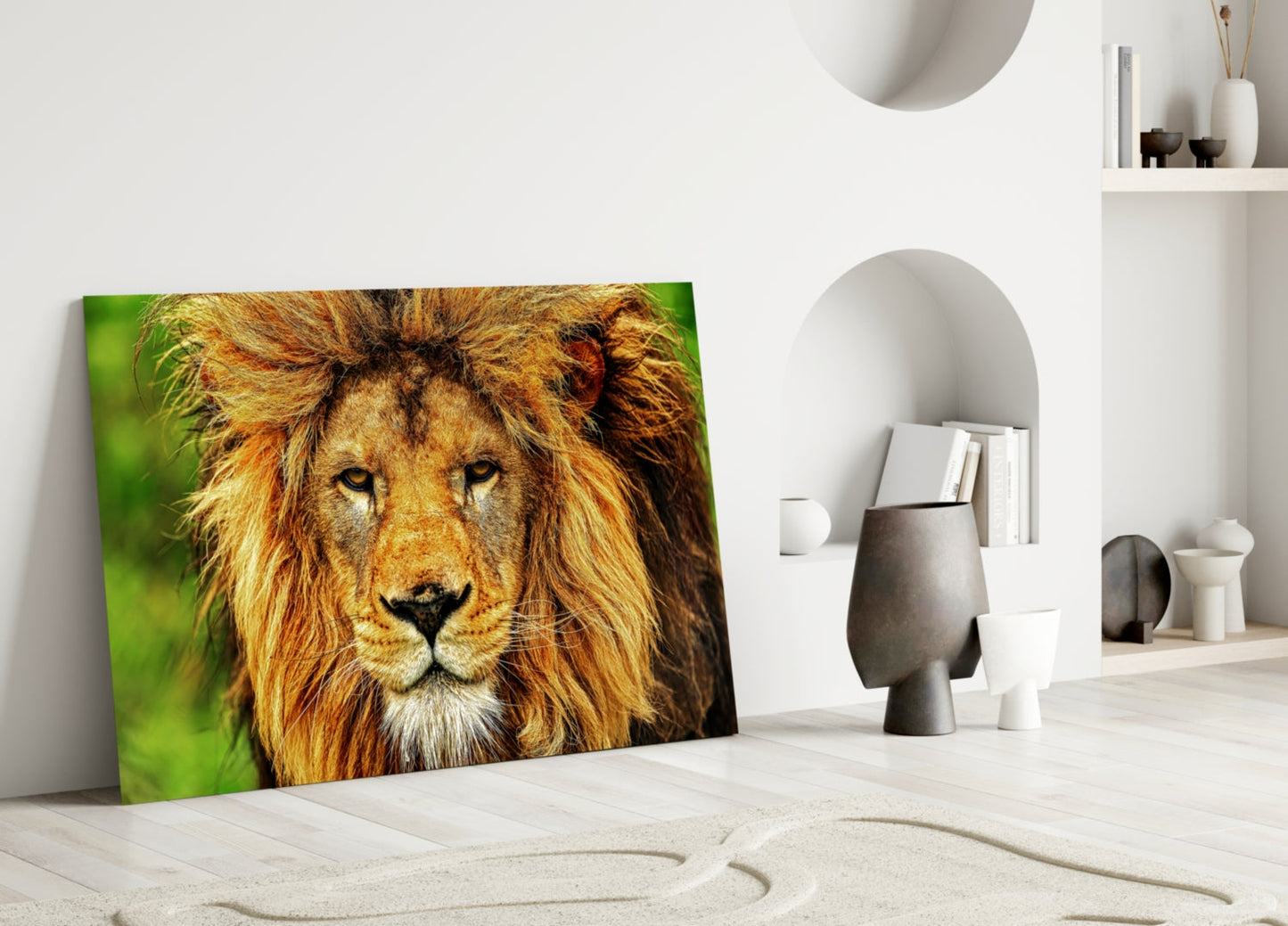 Golden Lion Green Meadow Glass Wall Art