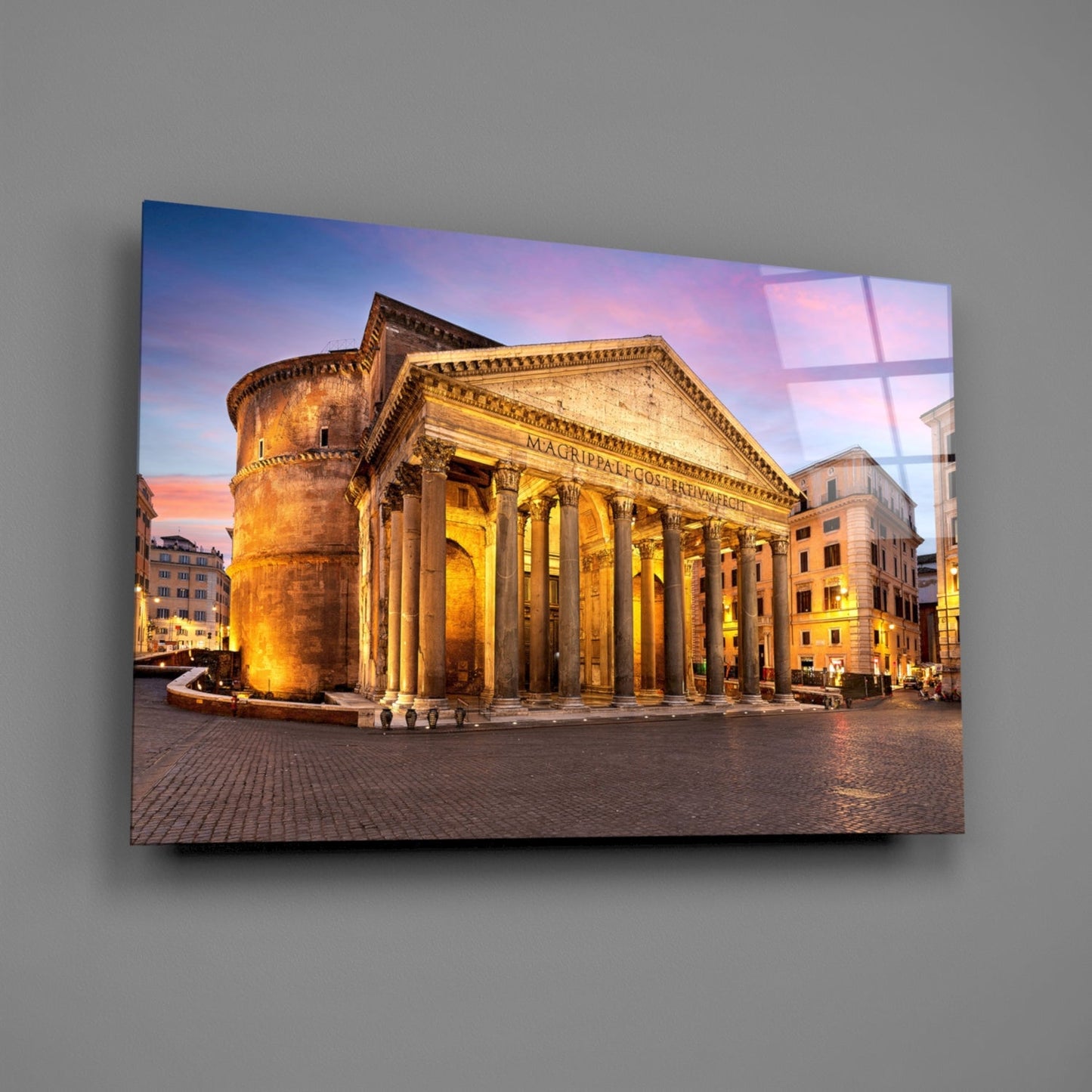 Illuminated Pantheon at twilight mounted as glass wall art, showing classical columns and rotunda against purple sky.