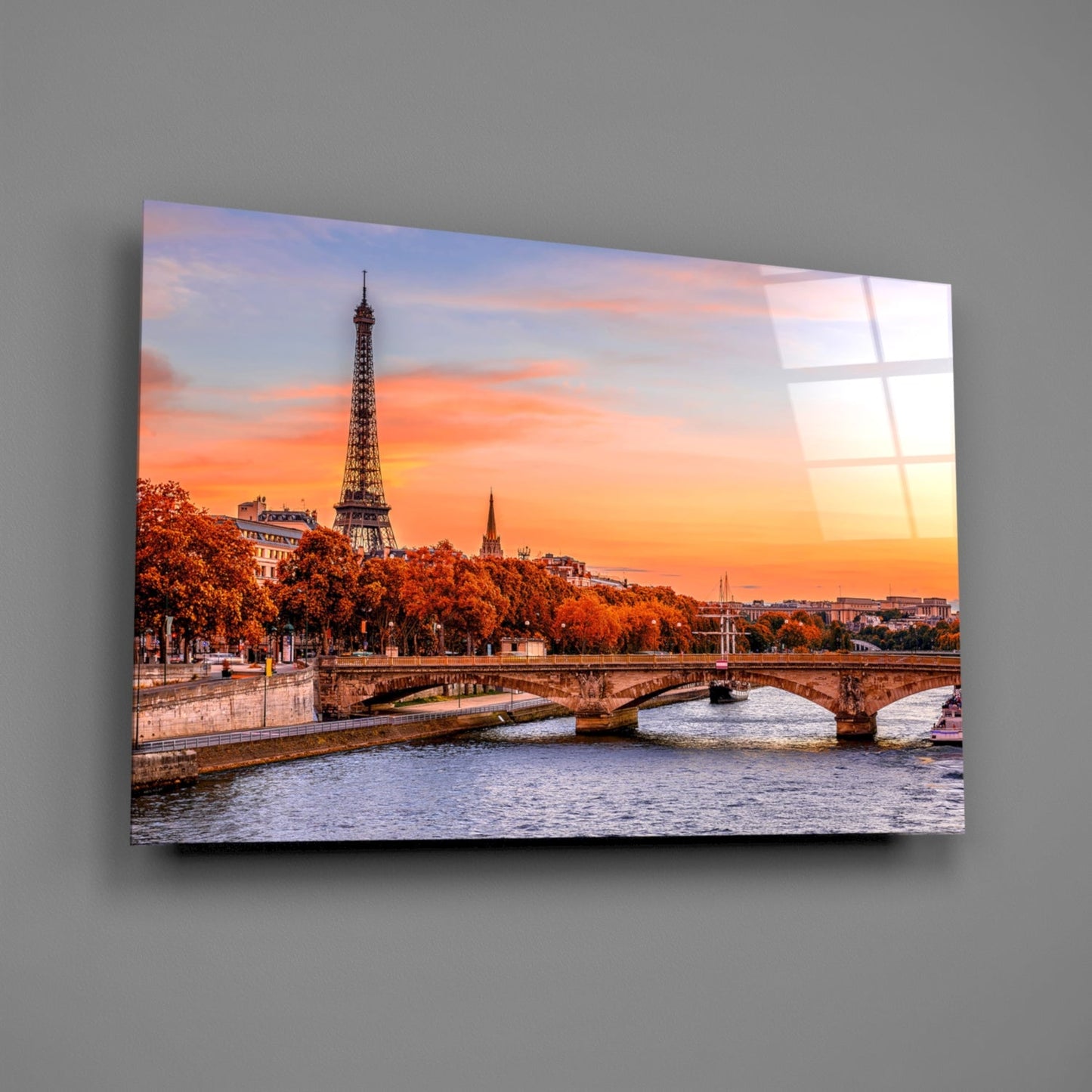 Seine River Bridge Sunset Glass Wall Art