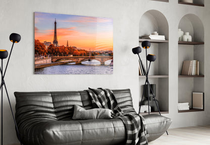 Seine River Bridge Sunset Glass Wall Art