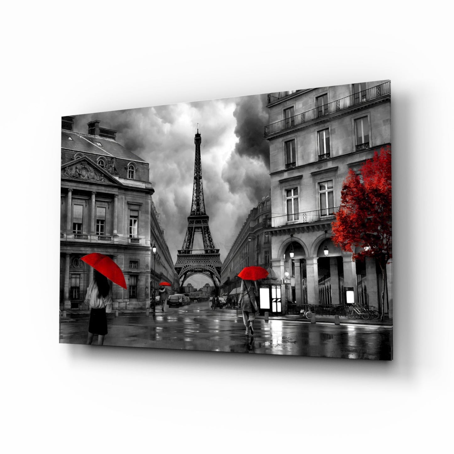 Red Umbrellas Paris Street Glass Wall Art