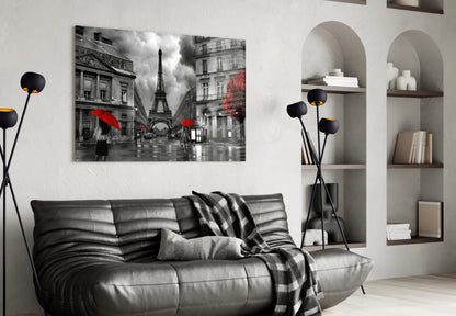 Red Umbrellas Paris Street Glass Wall Art
