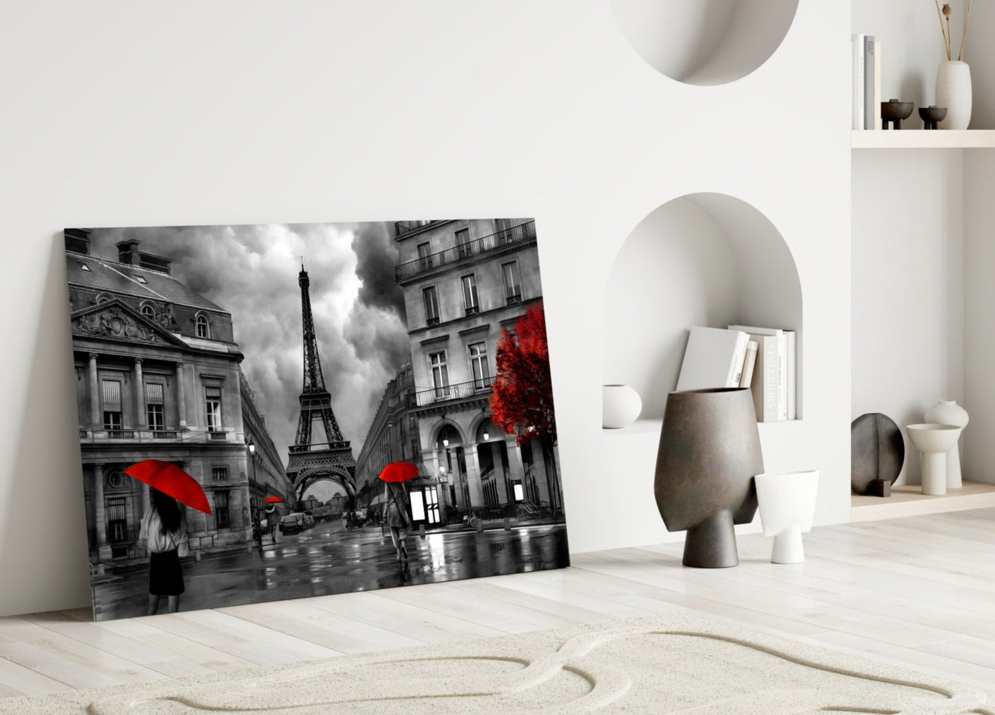 Red Umbrellas Paris Street Glass Wall Art