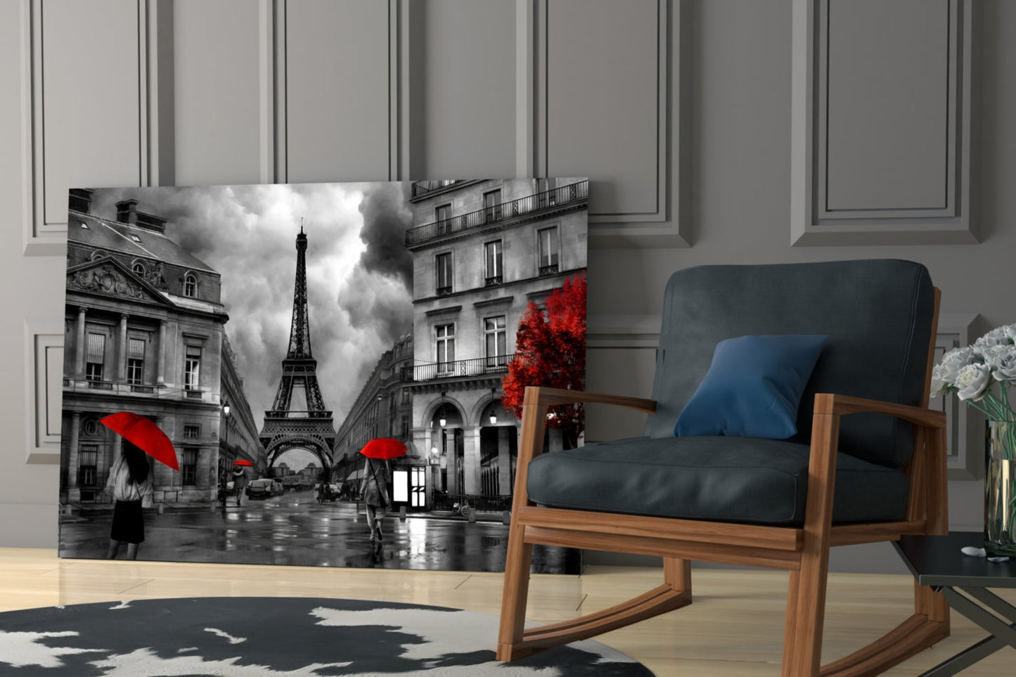 Red Umbrellas Paris Street Glass Wall Art