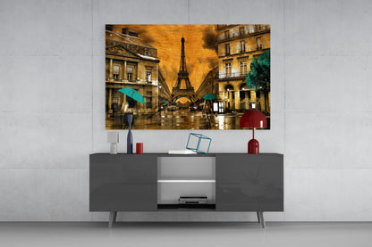 Teal Umbrellas Golden Paris Glass Wall Art
