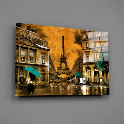 Teal Umbrellas Golden Paris Glass Wall Art